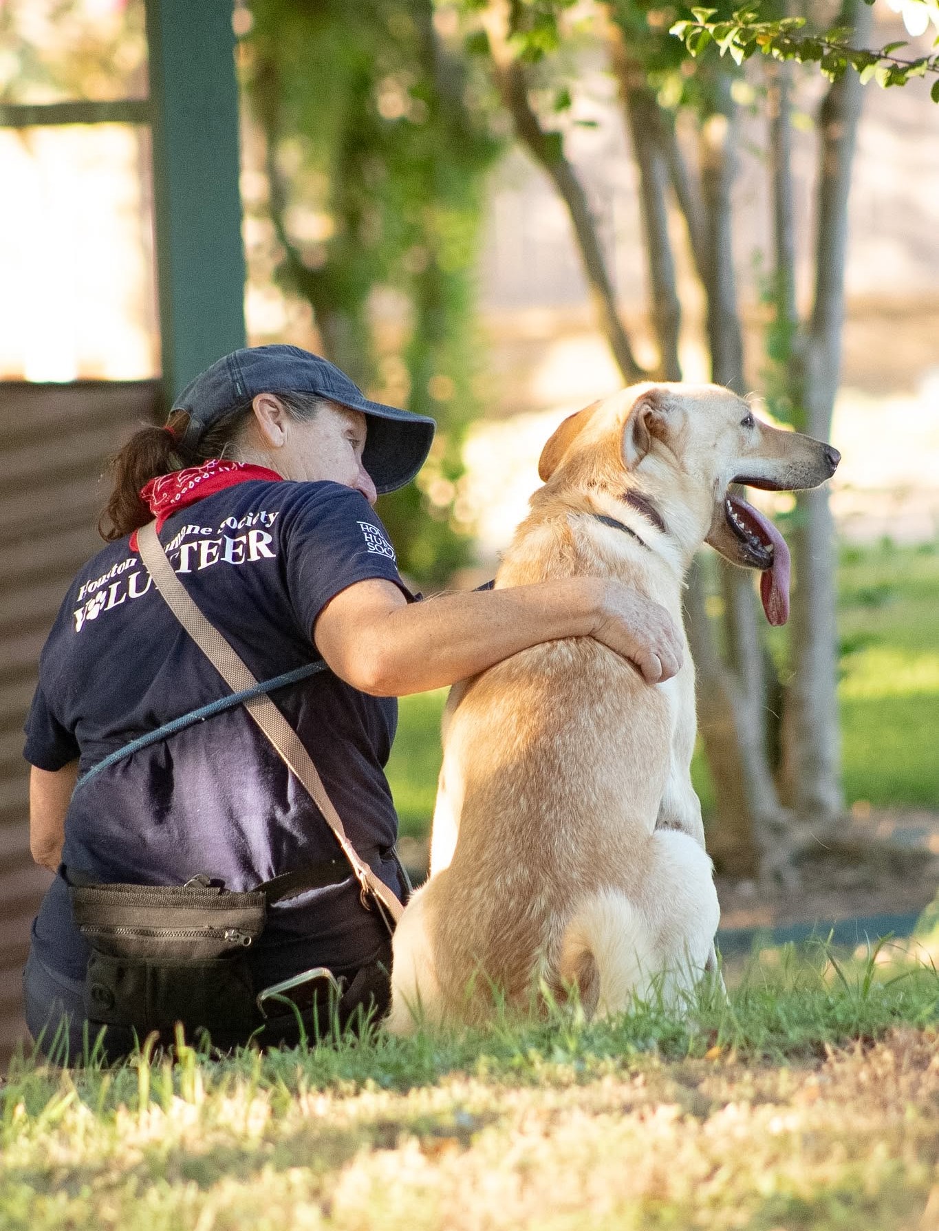 Brenda, a Houston Humane Society volunteer, sitting next to a shelter dog outdoors. They are facing away from the camera.