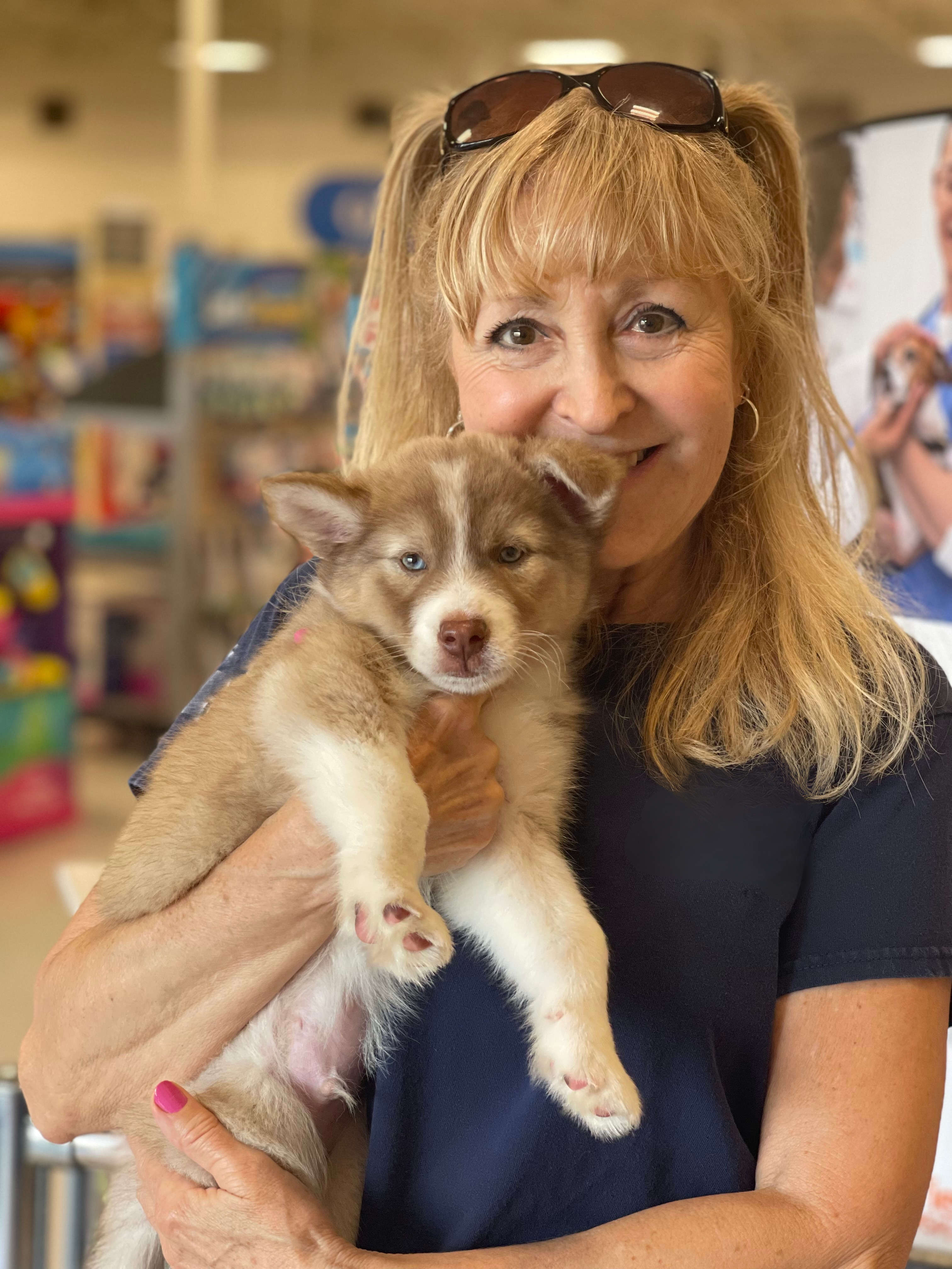 Brigitte, a volunteer, holding a small husky puppy.