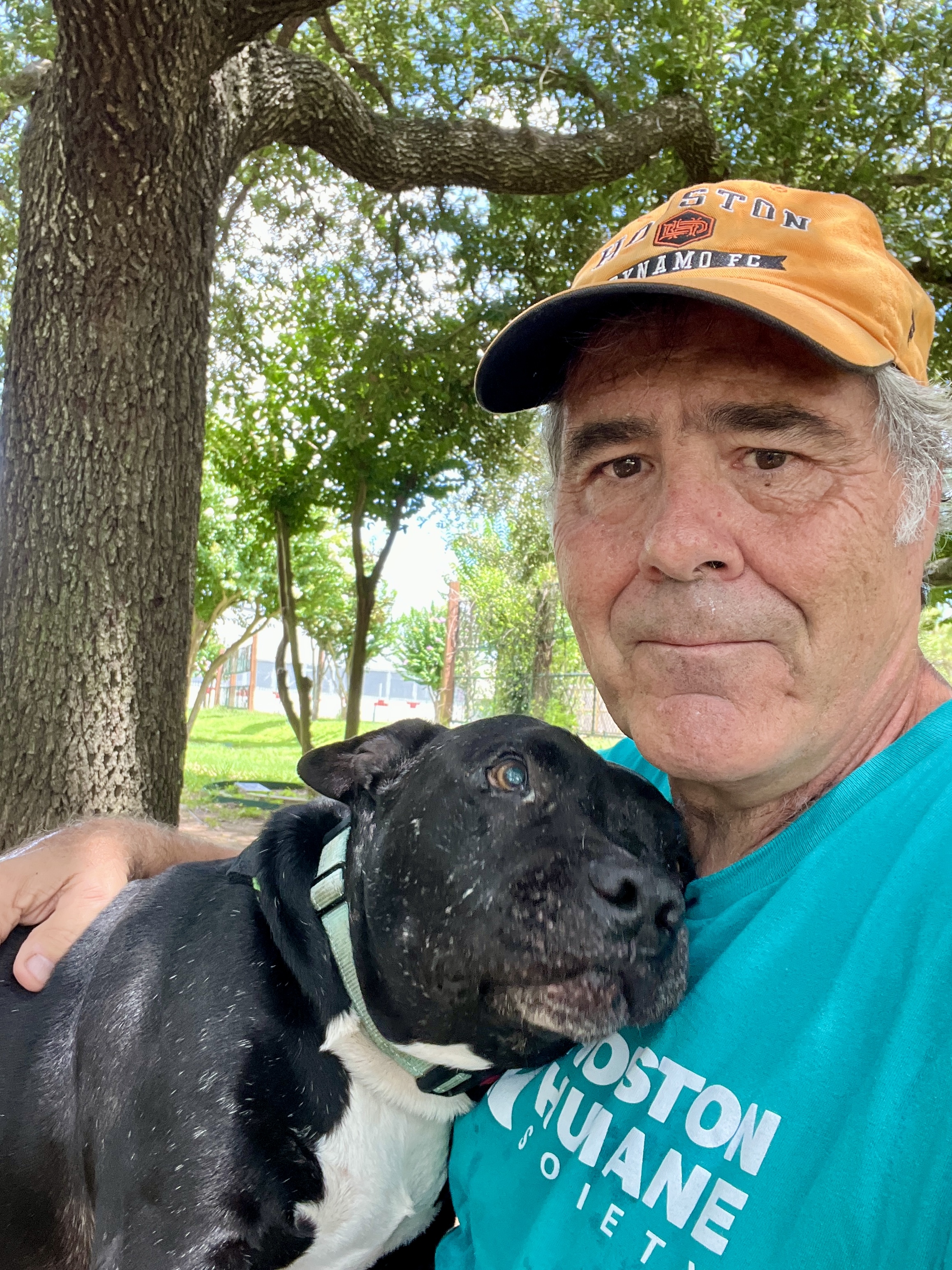 Close up of a black and white dog leaning lovingly against a man wearing a teal Houston Humane Society Shirt